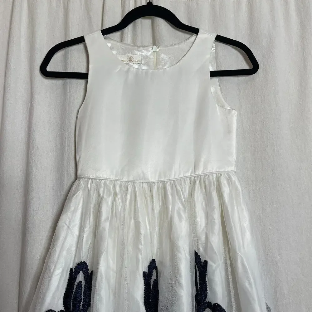 American Princess Satin Cream Textured Navy Blue Girls Sz 10